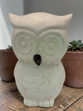 Vintage Ceramic Owl Figurine Cream Glossy Finish – Hand Painted Look 5.75" Tall